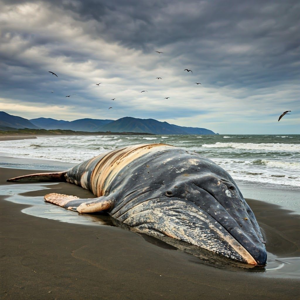 Kadaver aus gefährdeten, riesigen Flossenwalwäsche an Land an der gefrorenen, Gezeitenschlammflächen von Anchorage