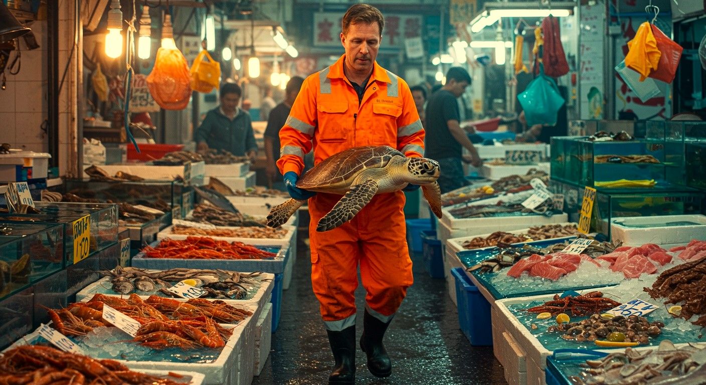 Ein Mann kauft gefährdete Meeresschildkröten auf Märkten und beweist, dass einige Helden mit hohen Vis-Jacken tragen