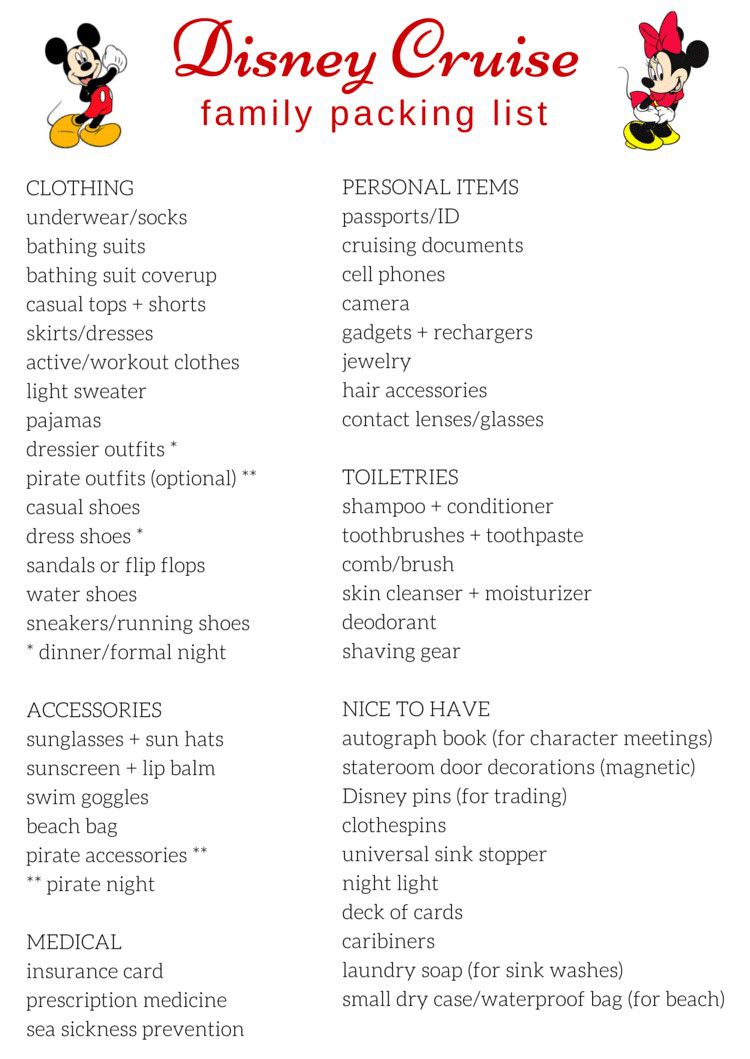 Kostenlose druckbare Packliste für Disney Cruises